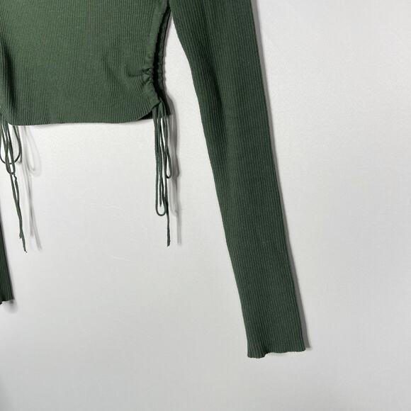 Zara Womens Small S Green Cropped Ribbed Sweater Side Tie Keyhole Opening Fitted - Picture 5 of 8